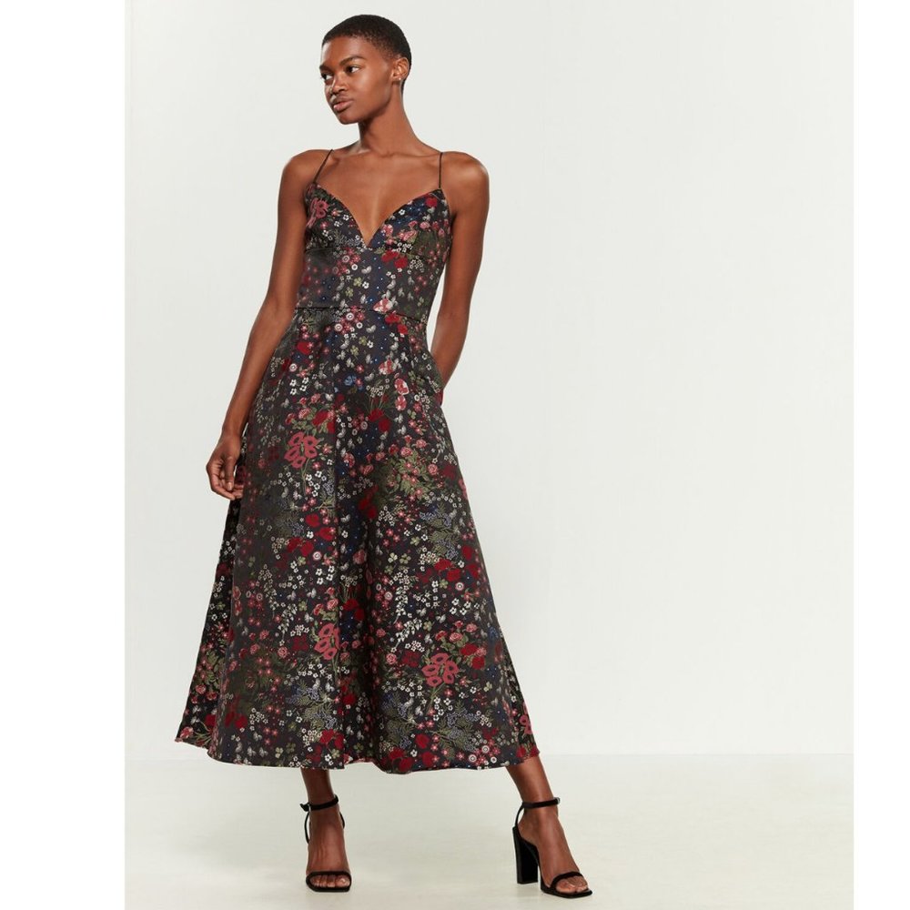 Monique Lhuillier Black Floral Midi Dress with Red and Green Accents